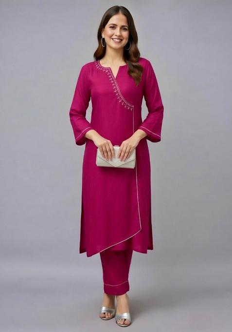 Pink Embroidery Rayon Kurti Set