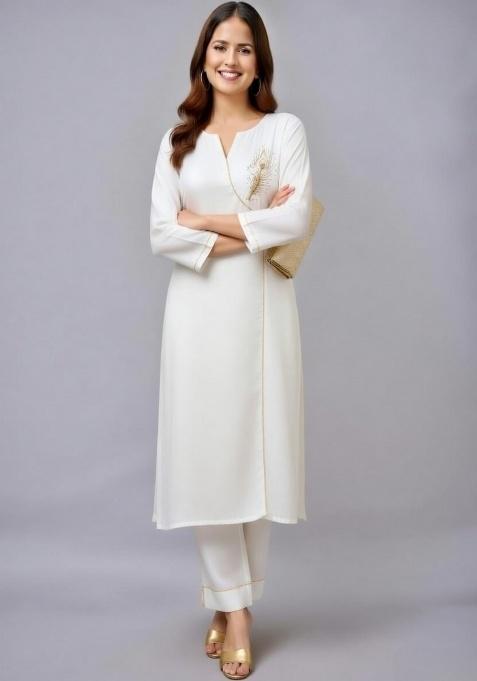 White Embroidery Rayon Kurti Set