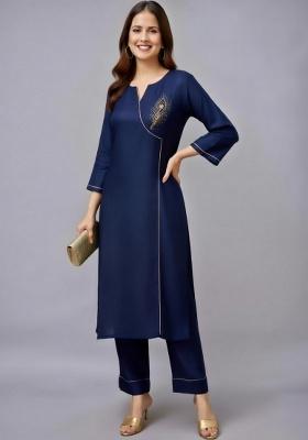 Navy Blue Embroidery Rayon Kurti Set