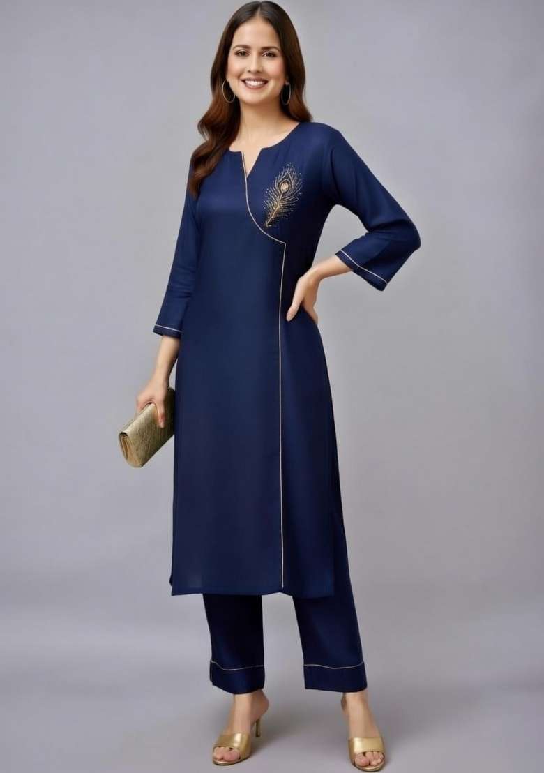 Navy Blue Embroidery Rayon Kurti Set - Indya