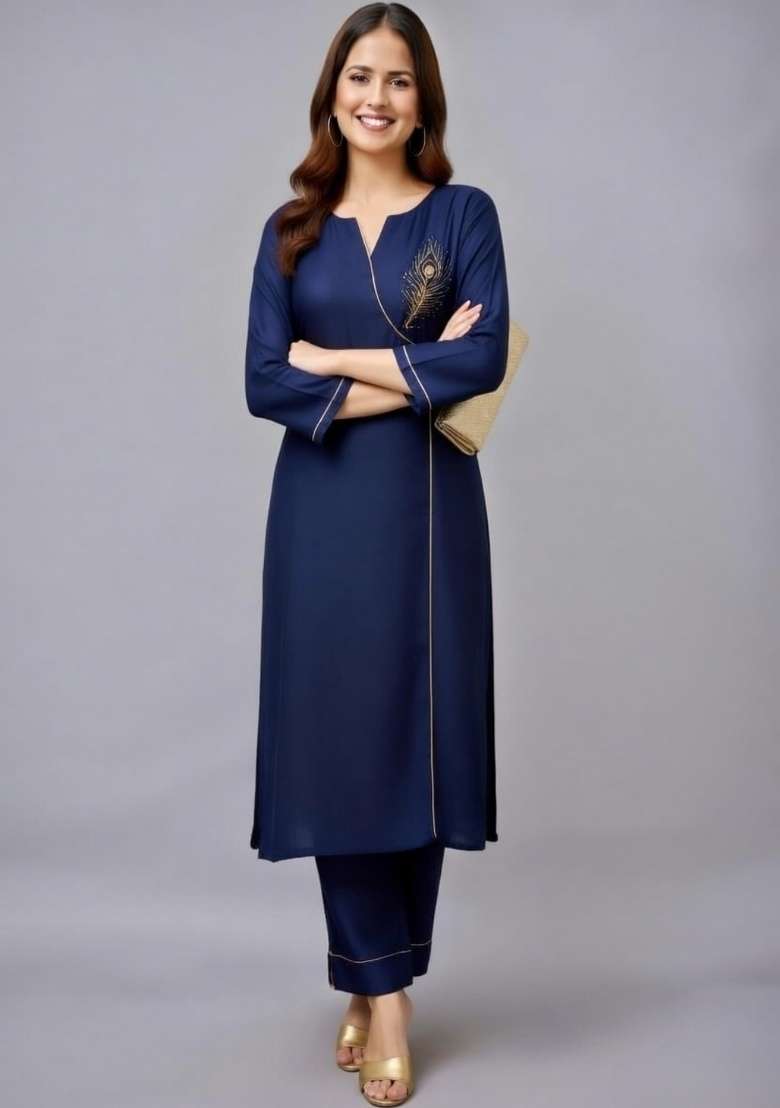 Navy Blue Embroidery Rayon Kurti Set - Indya