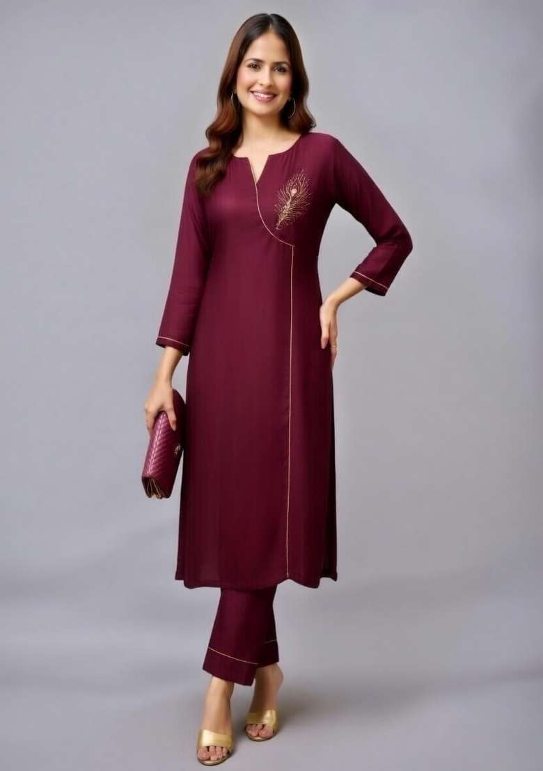 Maroon Embroidery Rayon Kurti Set - Indya