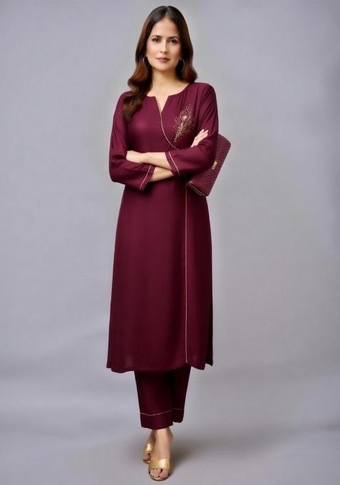 Maroon Embroidery Rayon Kurti Set
