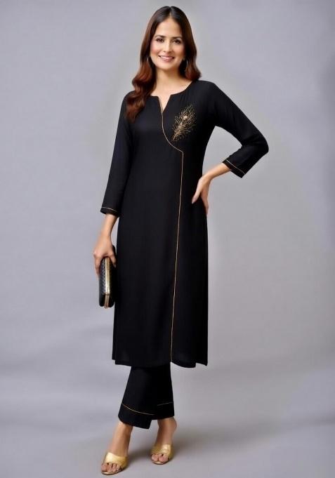 Black Embroidery Rayon Kurti Set
