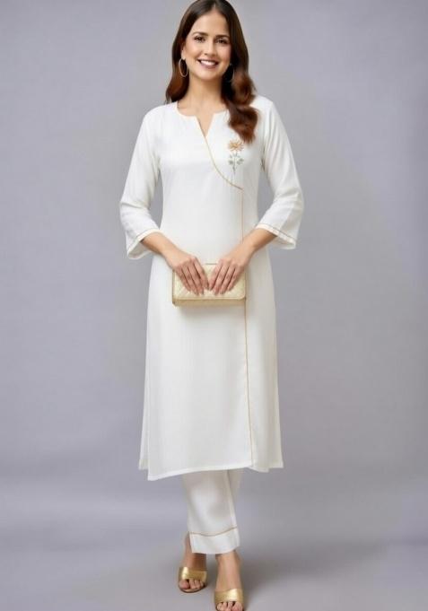 White Embroidery Rayon Kurti Set