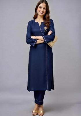 Navy Blue Embroidery Rayon Kurti Set