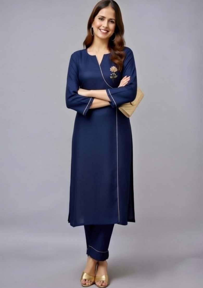 Navy Blue Embroidery Rayon Kurti Set - Indya