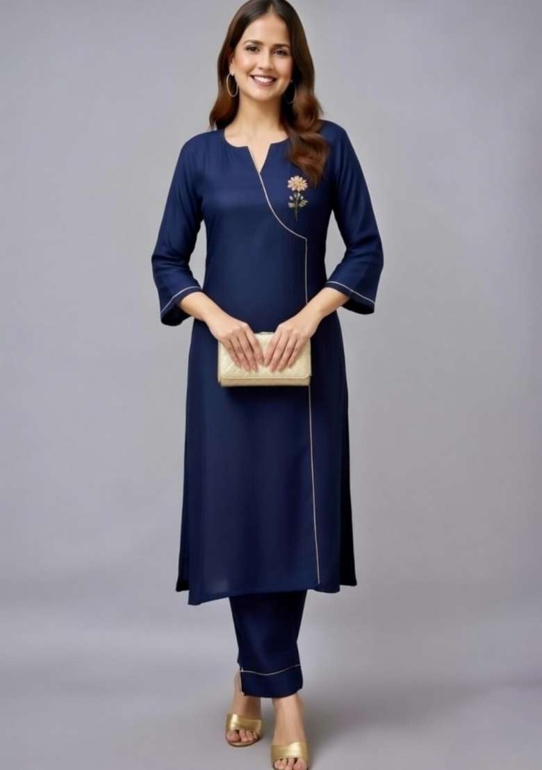 Navy Blue Embroidery Rayon Kurti Set - Indya