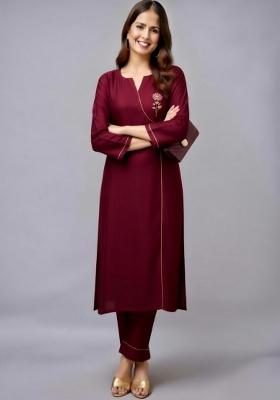 Maroon Embroidery Rayon Kurti Set