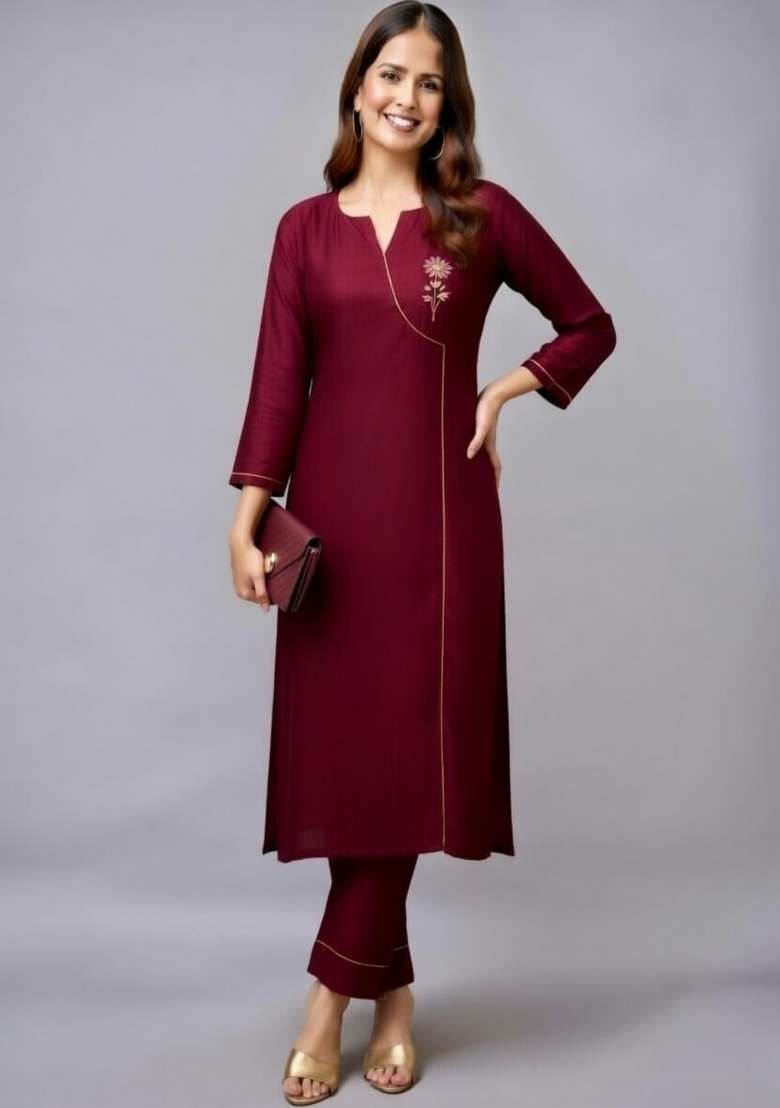 Maroon Embroidery Rayon Kurti Set - Indya