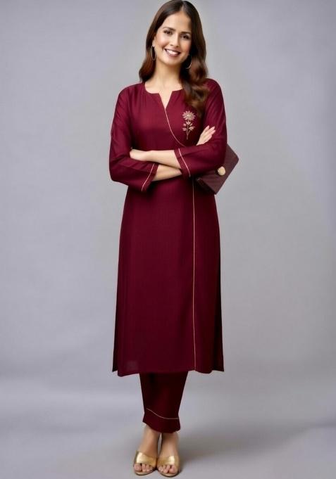 Maroon Embroidery Rayon Kurti Set