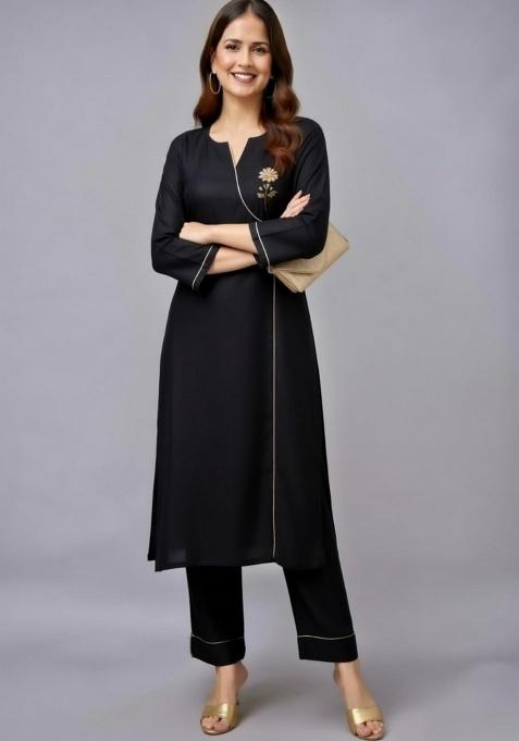 Black Embroidery Rayon Kurti Set