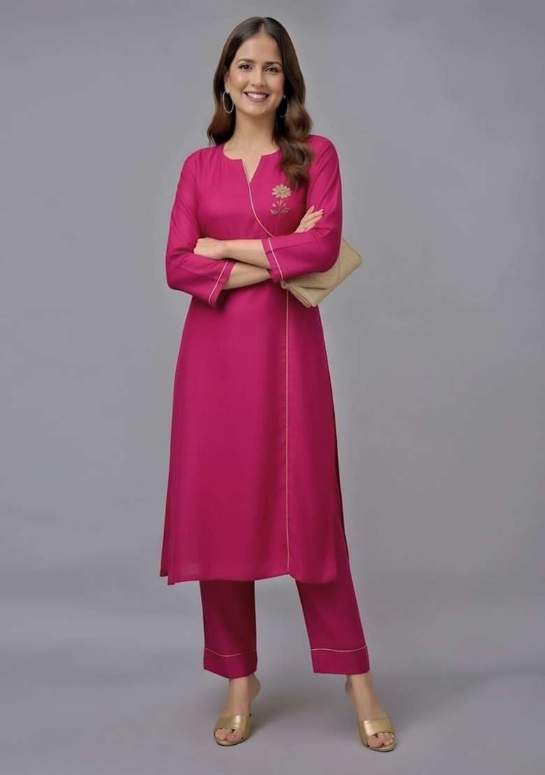 Pink Embroidery Rayon Kurti Set - Indya