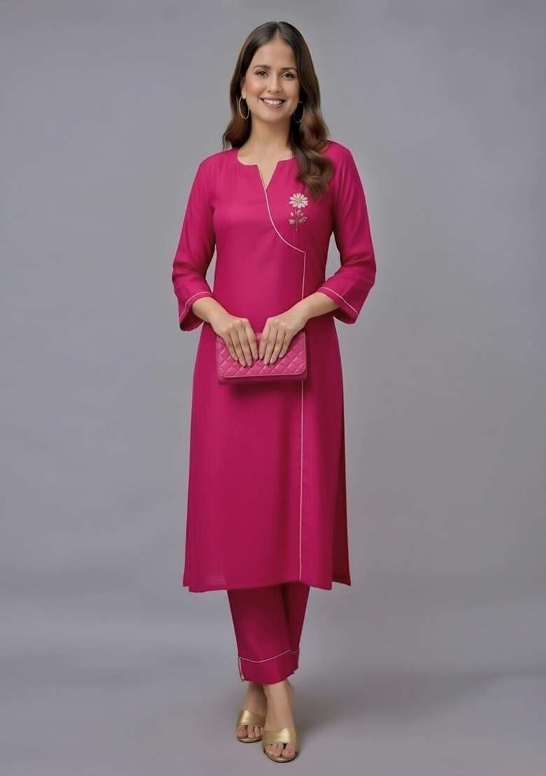 Pink Embroidery Rayon Kurti Set - Indya