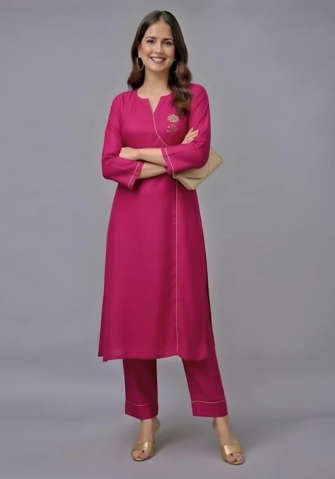 Pink Embroidery Rayon Kurti Set