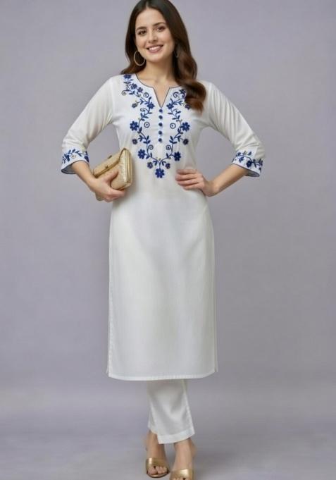White Embroidery Rayon Kurti Set