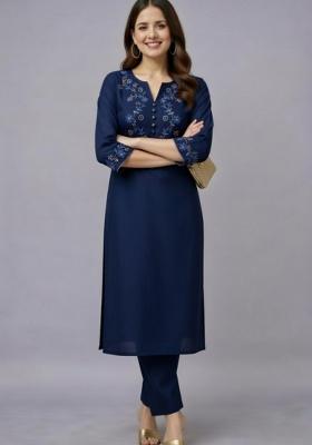 Navy Blue Embroidery Rayon Kurti Set