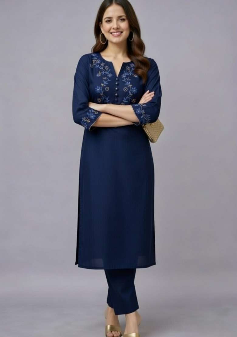 Navy Blue Embroidery Rayon Kurti Set - Indya