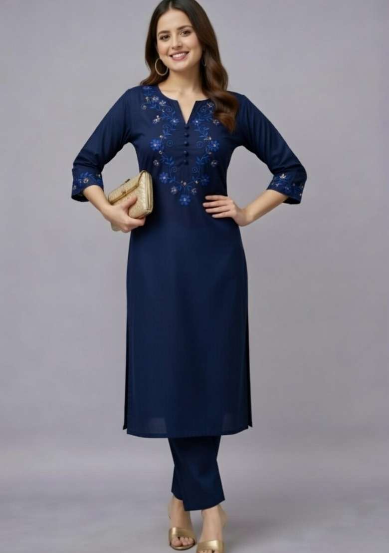 Navy Blue Embroidery Rayon Kurti Set - Indya