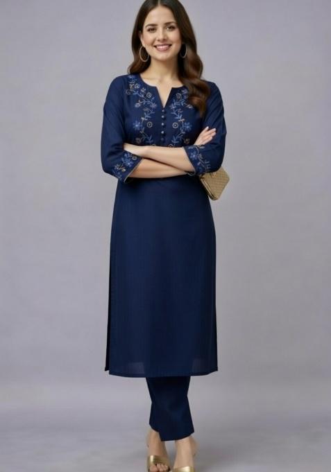 Navy Blue Embroidery Rayon Kurti Set