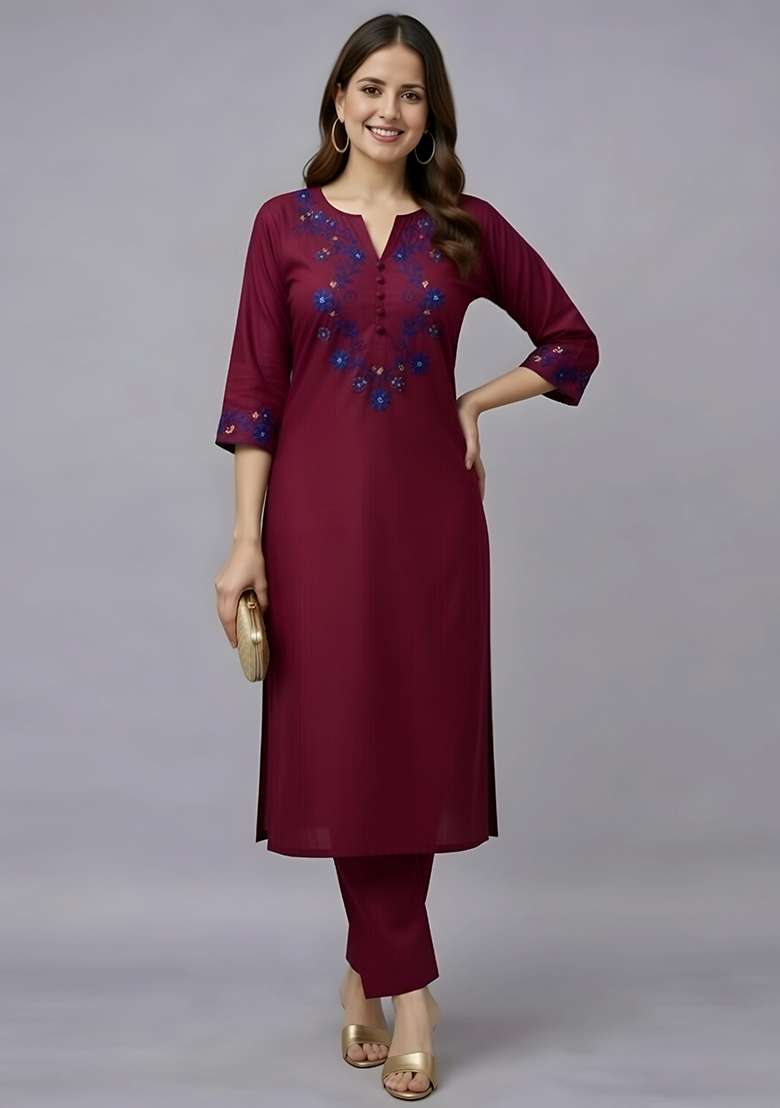 Maroon Embroidery Rayon Kurti Set - Indya