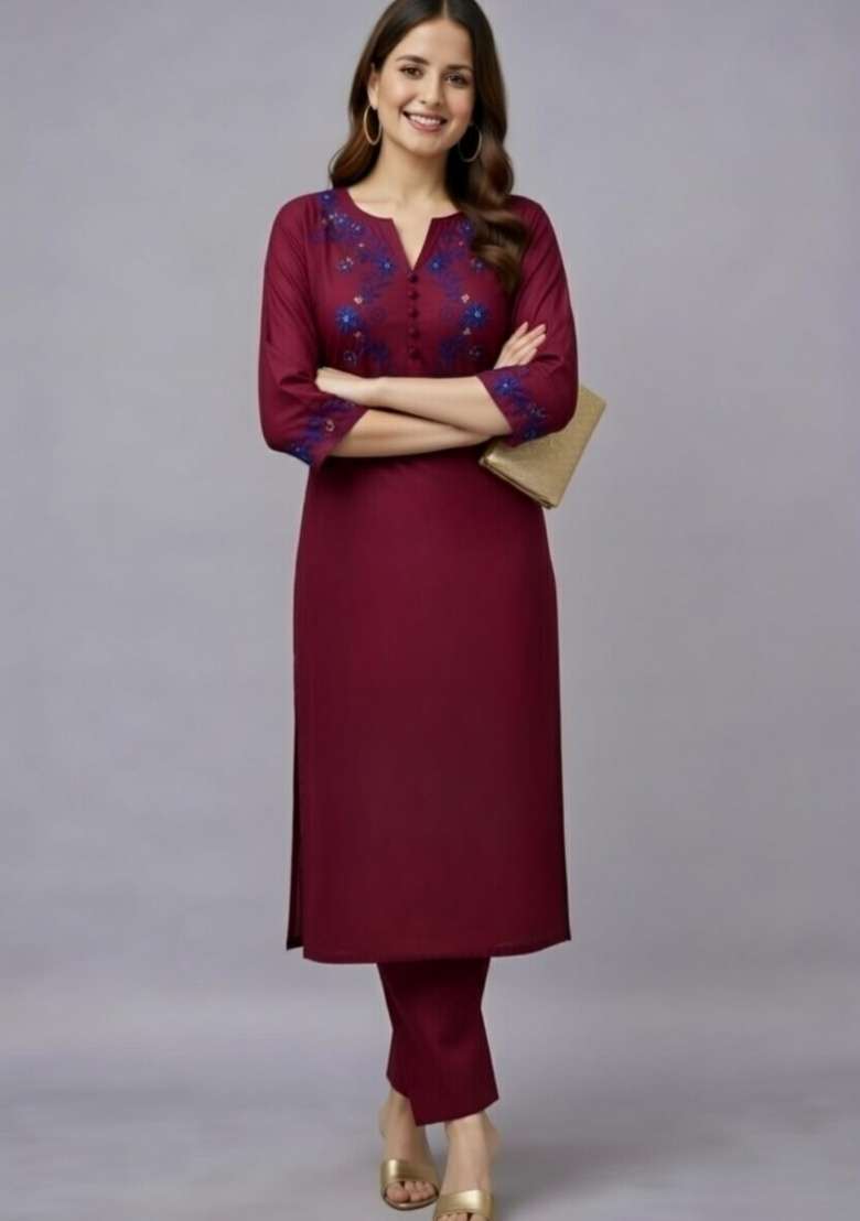 Maroon Embroidery Rayon Kurti Set - Indya