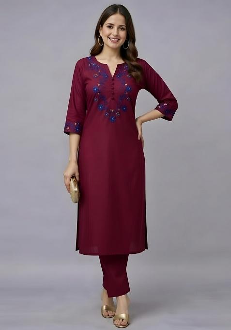 Maroon Embroidery Rayon Kurti Set