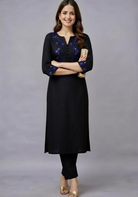 Black Embroidery Rayon Kurti Set