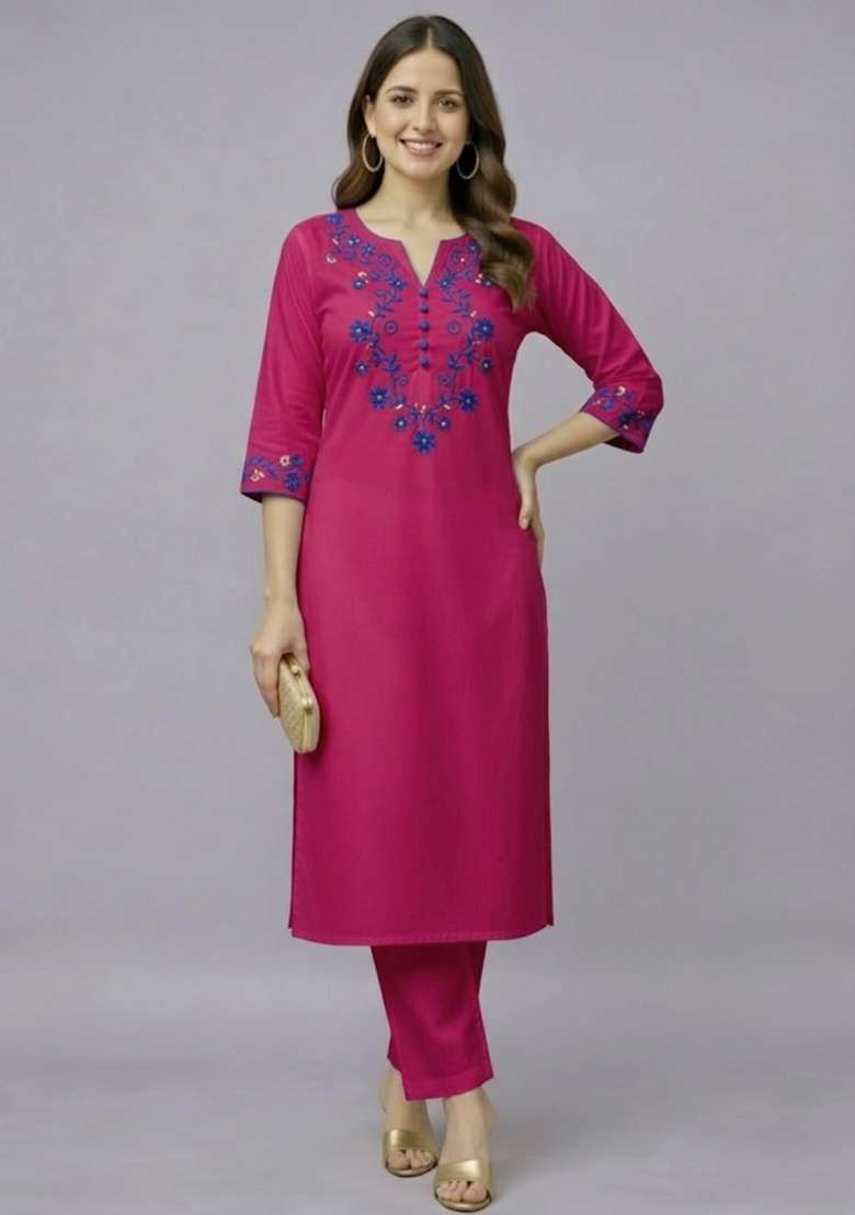 Pink Embroidery Rayon Kurti Set - Indya