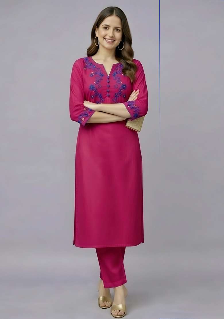 Pink Embroidery Rayon Kurti Set - Indya