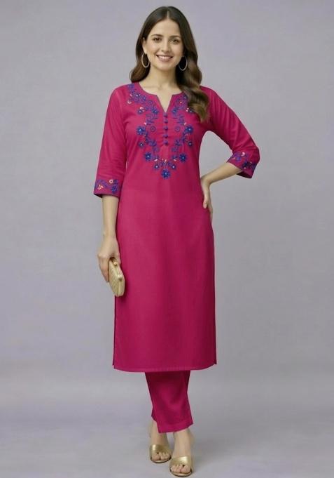 Pink Embroidery Rayon Kurti Set