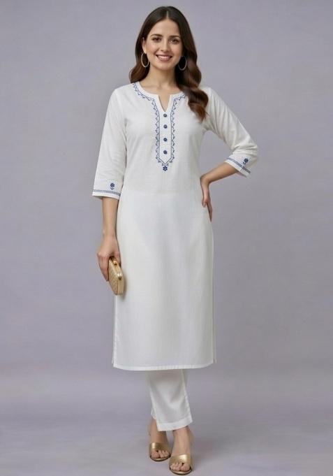 White Embroidery Rayon Kurti Set