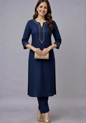 Navy Blue Embroidery Rayon Kurti Set
