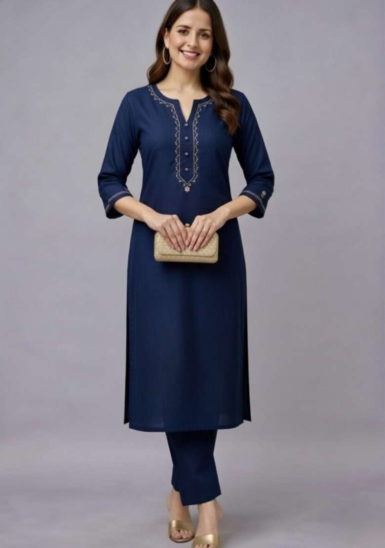 Navy Blue Embroidery Rayon Kurti Set - Indya