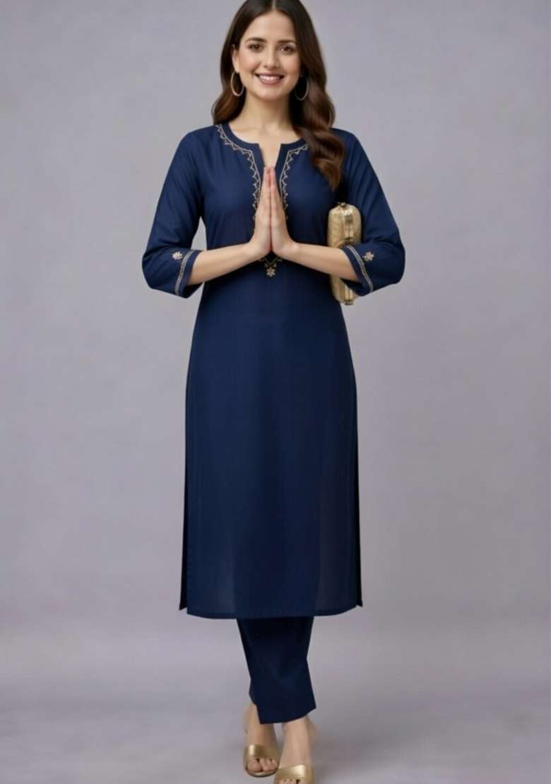 Navy Blue Embroidery Rayon Kurti Set - Indya