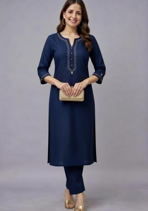 Navy Blue Embroidery Rayon Kurti Set
