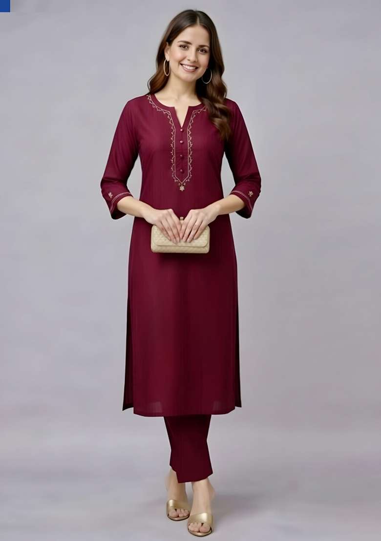 Maroon Embroidery Rayon Kurti Set - Indya
