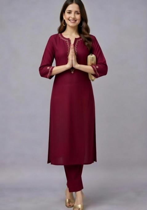 Maroon Embroidery Rayon Kurti Set