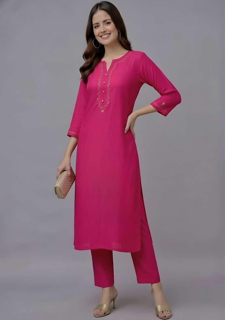 Pink Embroidery Rayon Kurti Set - Indya