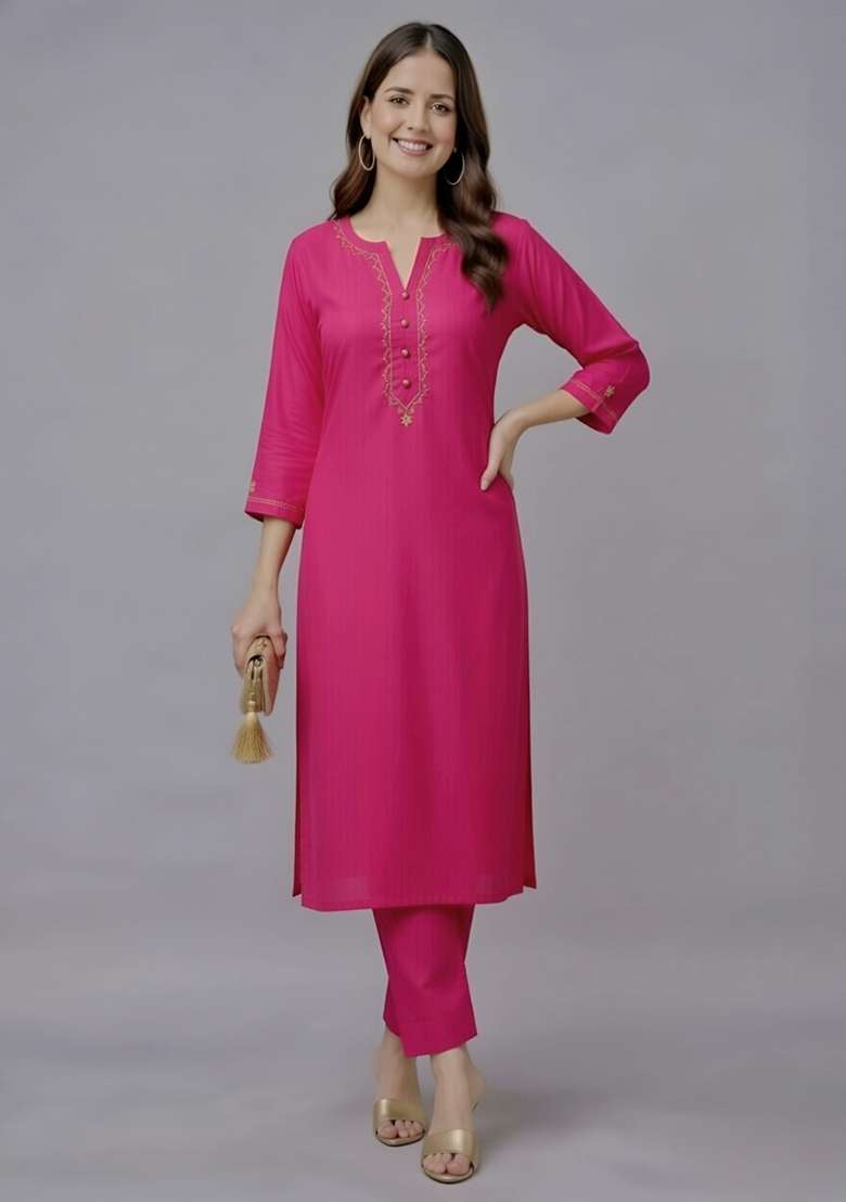 Pink Embroidery Rayon Kurti Set - Indya