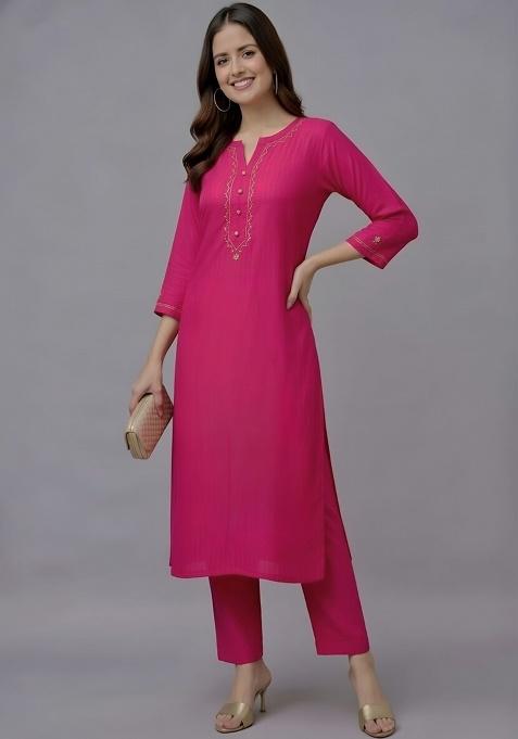 Pink Embroidery Rayon Kurti Set