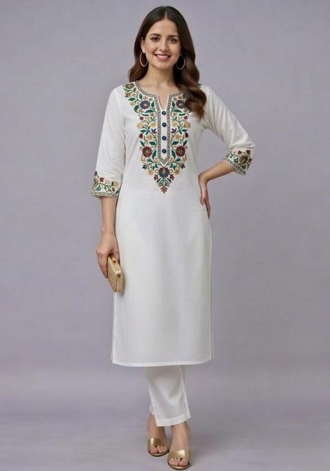 White Embroidery Rayon Kurti Set