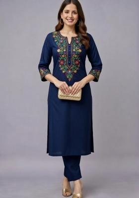 Navy Blue Embroidery Rayon Kurti Set