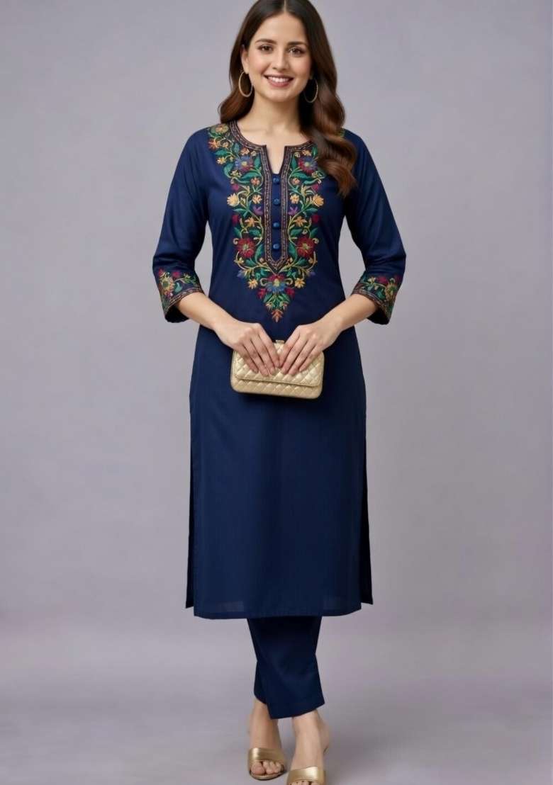 Navy Blue Embroidery Rayon Kurti Set - Indya