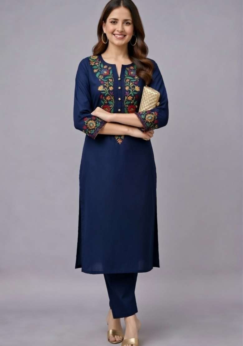 Navy Blue Embroidery Rayon Kurti Set - Indya
