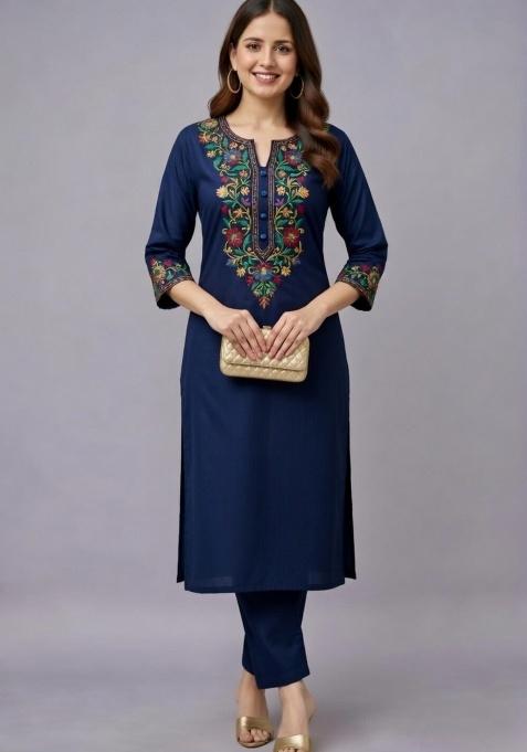Navy Blue Embroidery Rayon Kurti Set