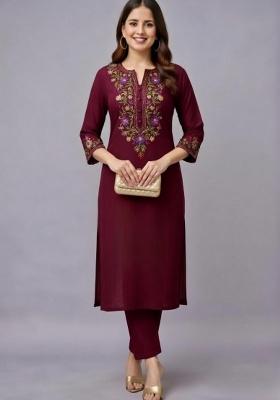 Maroon Embroidery Rayon Kurti Set
