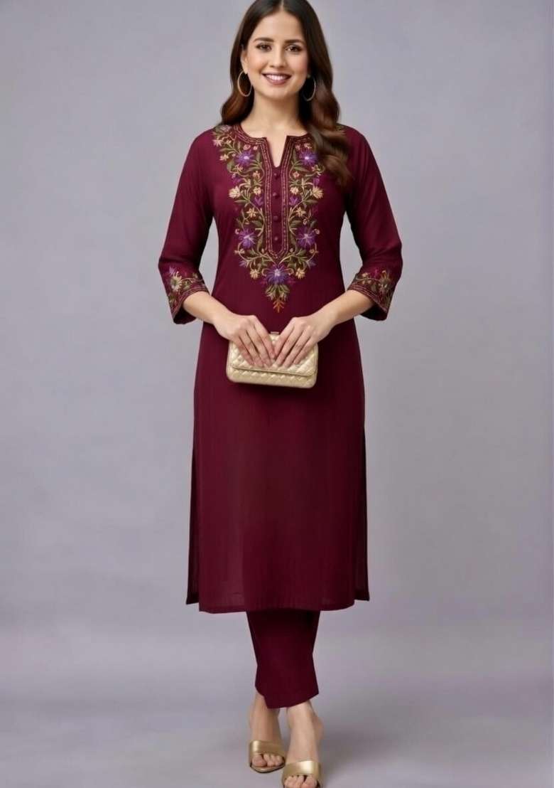 Maroon Embroidery Rayon Kurti Set - Indya
