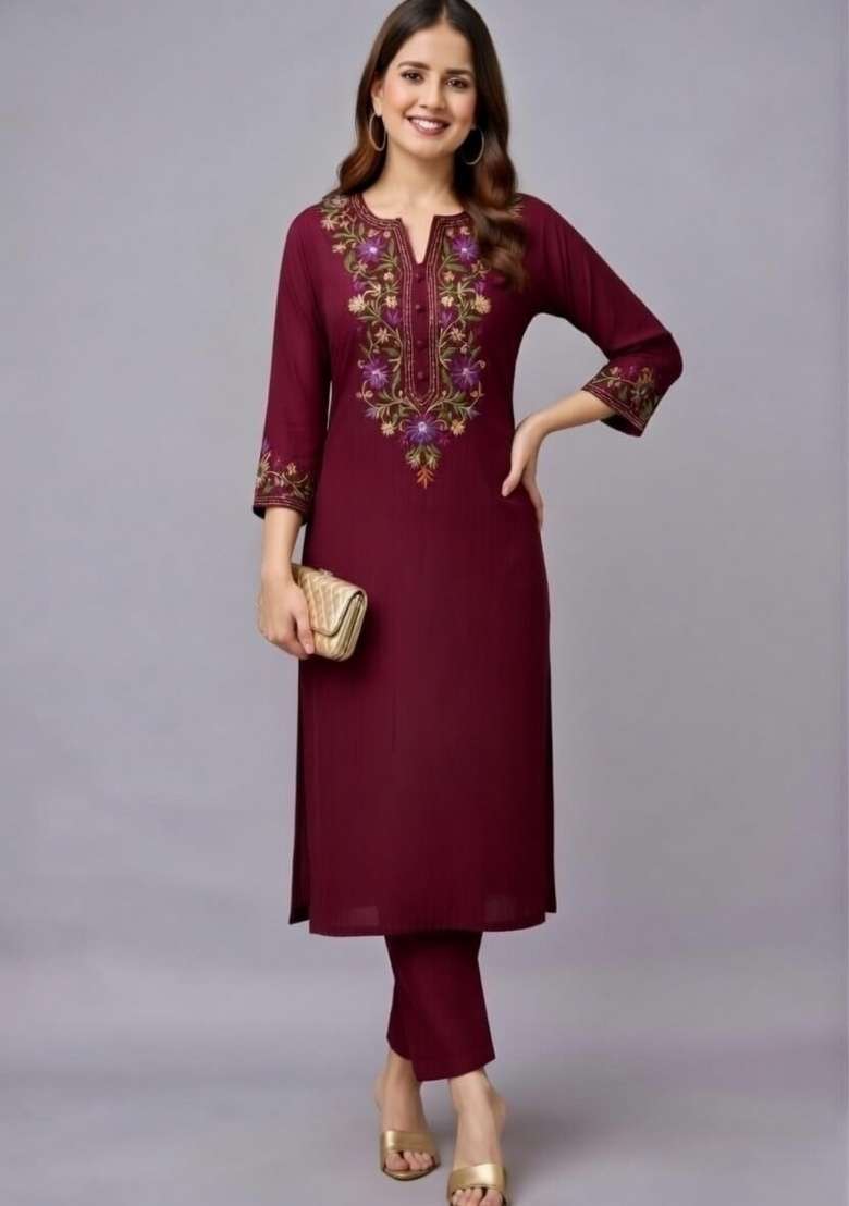 Maroon Embroidery Rayon Kurti Set - Indya