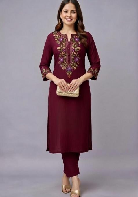 Maroon Embroidery Rayon Kurti Set